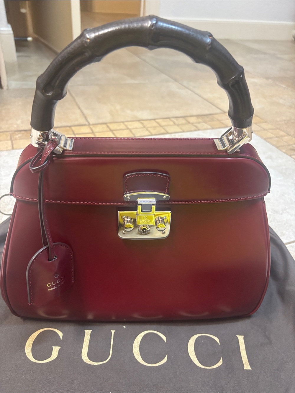 Gucci Burgundy Leather Satchel with Bamboo Top Handle